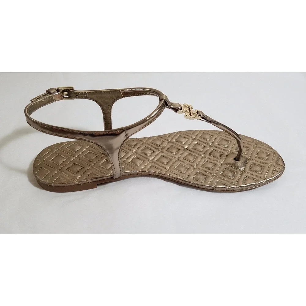 NIB Tory Burch Marion Quilted Leather T-Strap Sandal in Mica Gold Size 9.5 $225‎